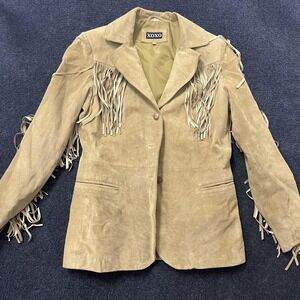 Y2K XOXO Blazer Jacket Womens Medium Beige Suede Leather Fringe Western Cowboy